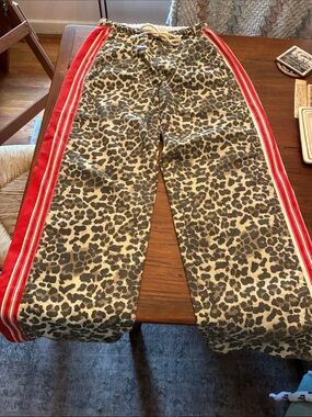 Leopard Print Track Pants with Red Contrast Stripes